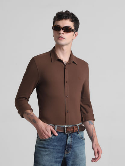 Brown Knitted Full Sleeves Shirt