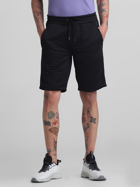 Black Mid Rise Textured Shorts