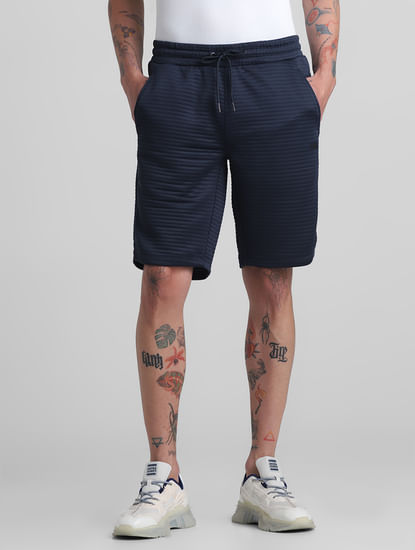 Navy Blue Mid Rise Textured Shorts