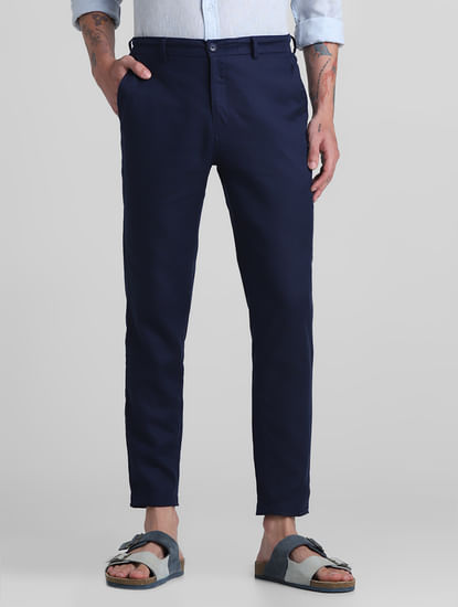 Navy Blue Mid Rise Cotton Pants