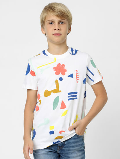 Boys White Abstract Print Crew Neck T-shirt