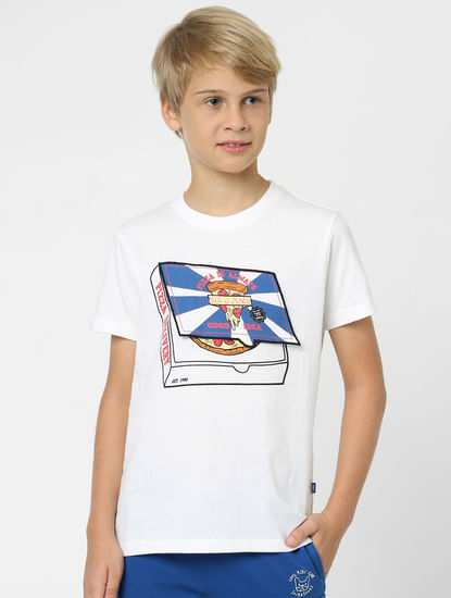 Boys White 3D Pizza Print T-shirt