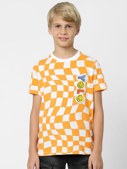 Boys Orange Printed Crew Neck T-shirt