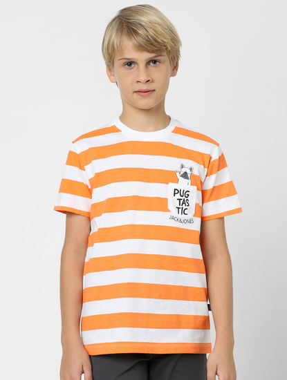 Boys Orange Striped Crew Neck T-shirt