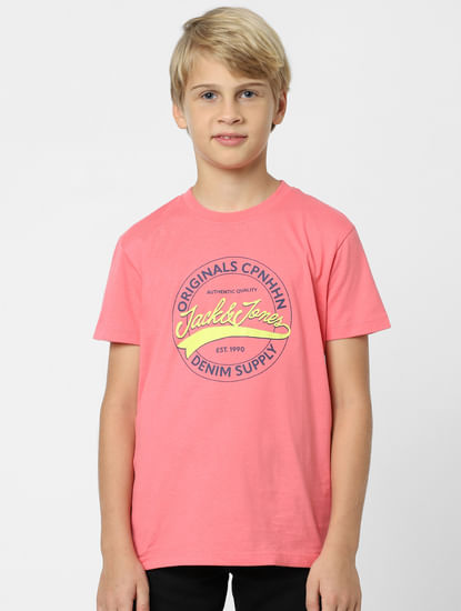 Boys Pink Print Crew Neck T-shirt