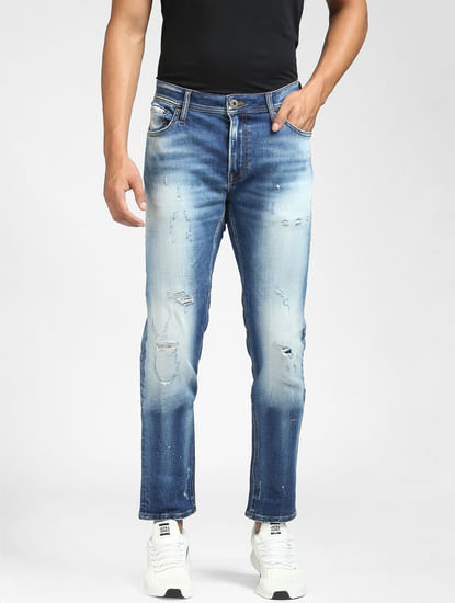 Blue Low Rise Ripped Skinny Fit Jeans 