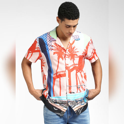 JACK&JONES Peach Graphic Print Half Sleeves Shirt