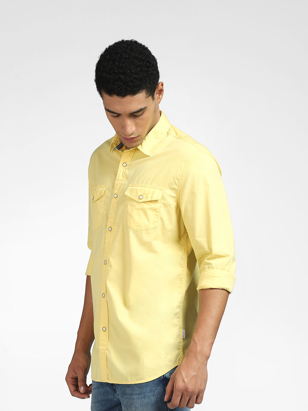 Yellow Printed Rayon Short Sleeve Shirt | Express