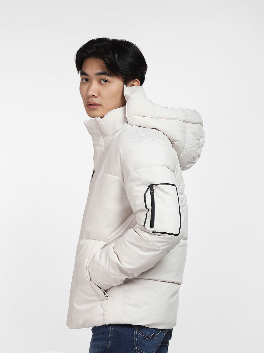 white puffer jacket hood