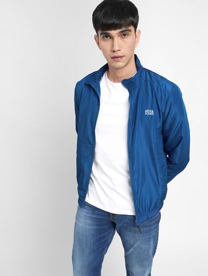 Blue Logo Print Windbreaker Jacket