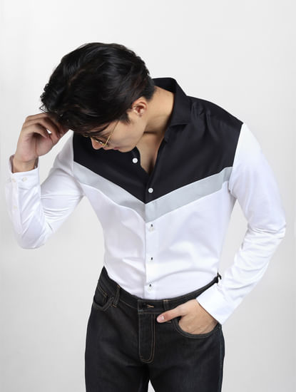 White Colourblocked Full Sleeves Shirt