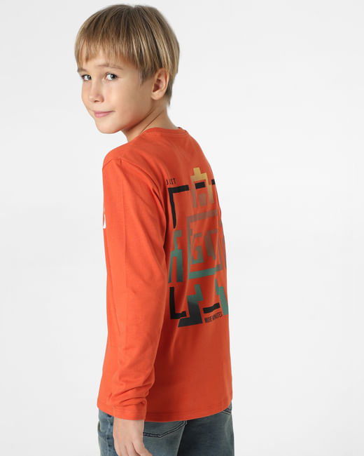Boys Red Text Print Full Sleeves T-shirt