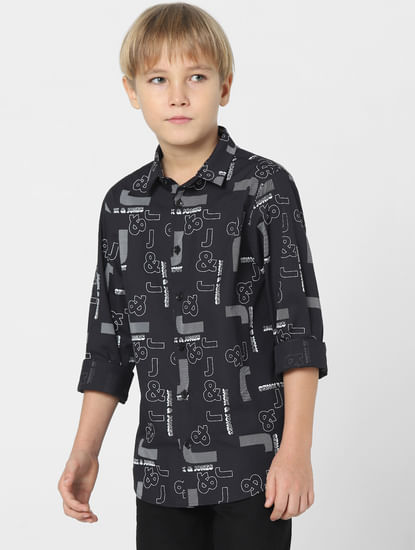 Boys Black Logo Print Full Sleeves Shirt