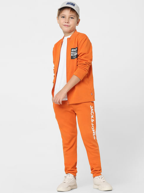 Boys Orange Mid Rise Logo Print Sweatpants
