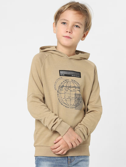 Boys Brown Graphic Print Hooded Sweatshirt