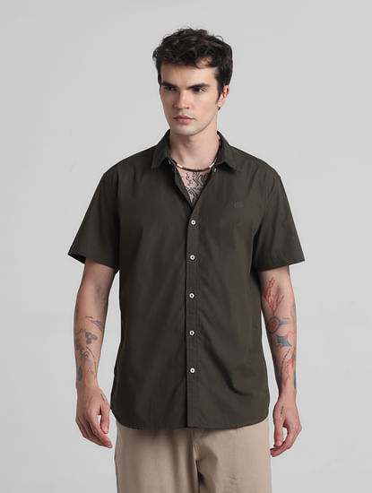 Dark Green Cotton Short Sleeves Shirt