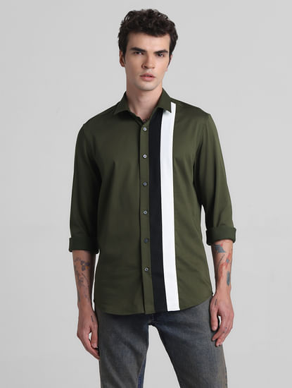 Green Contrast Patch Full Sleeves Shirt