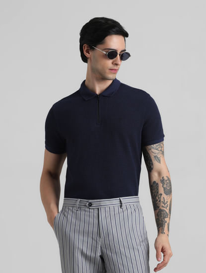 Dark Blue Zip-Up Jacquard Polo T-shirt
