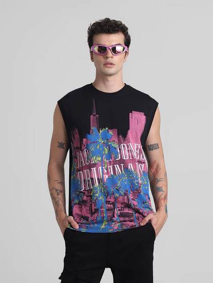 Black Tropical Print Sleeveless T-shirt