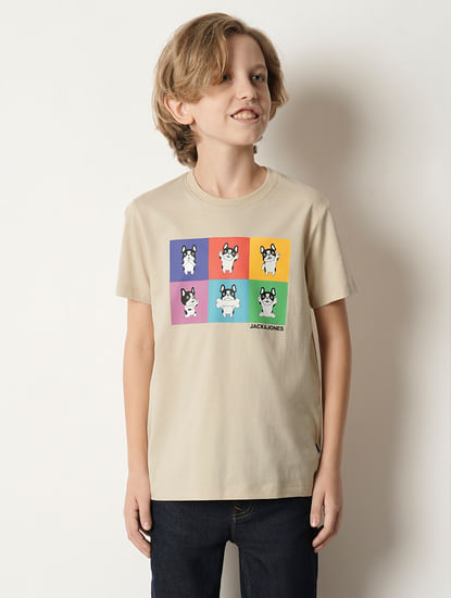Boys Beige Doggo Print T-shirt