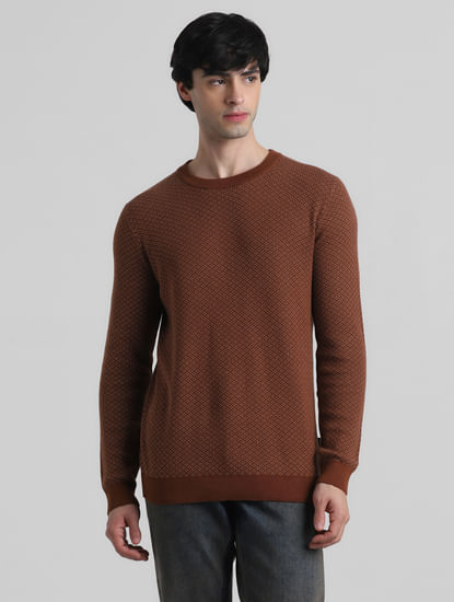 Brown Printed Knitted Pullover