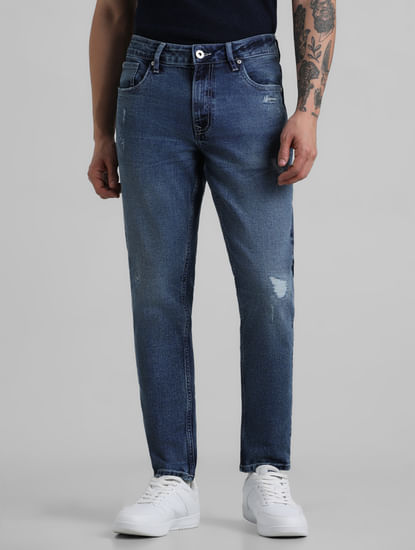 Blue Mid Rise Distressed Brak Slim Jeans