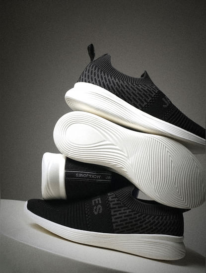 Black & Grey Knitted Slip On Sneakers