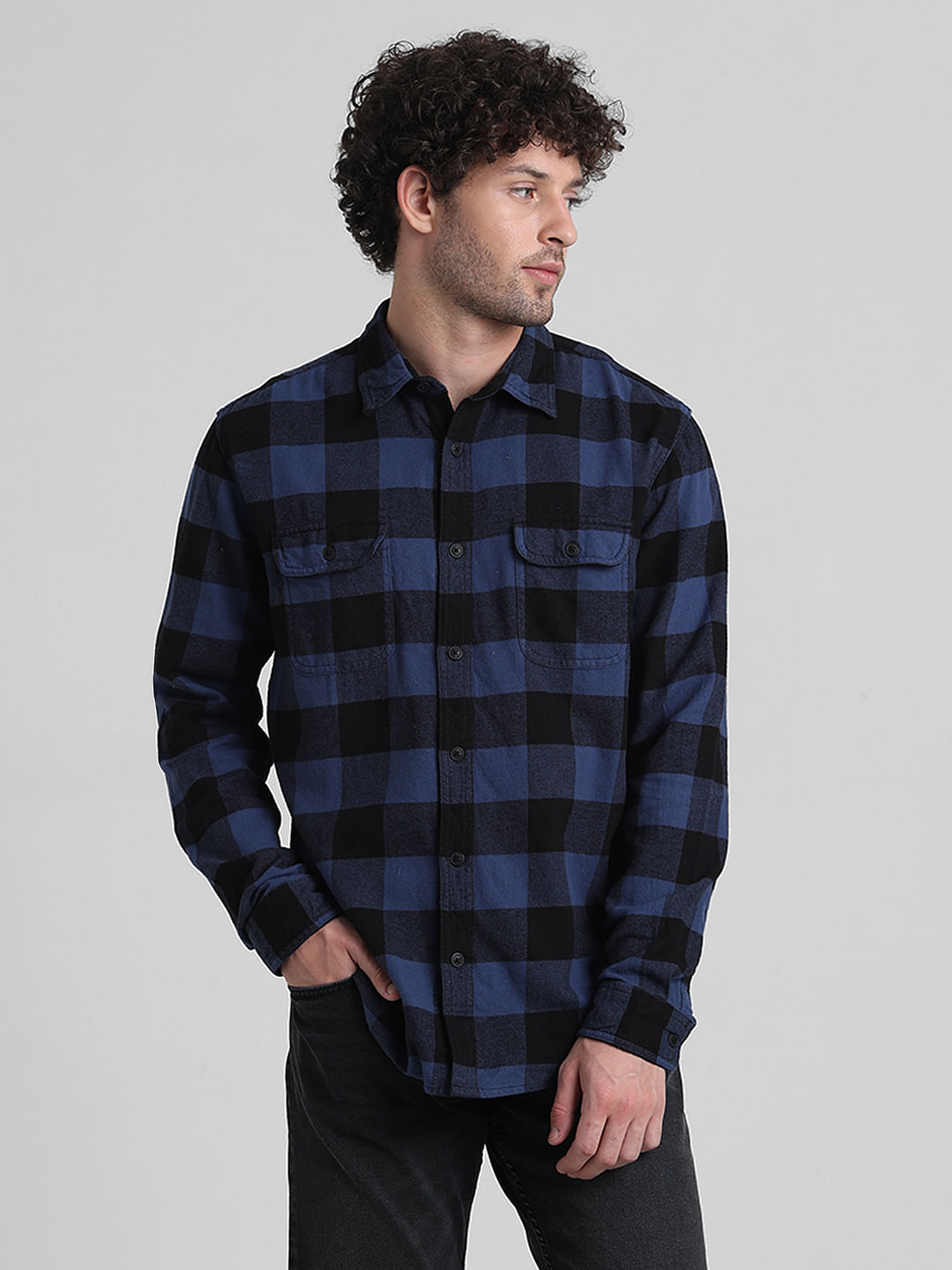 Dark Blue Check Print Cotton Shirt