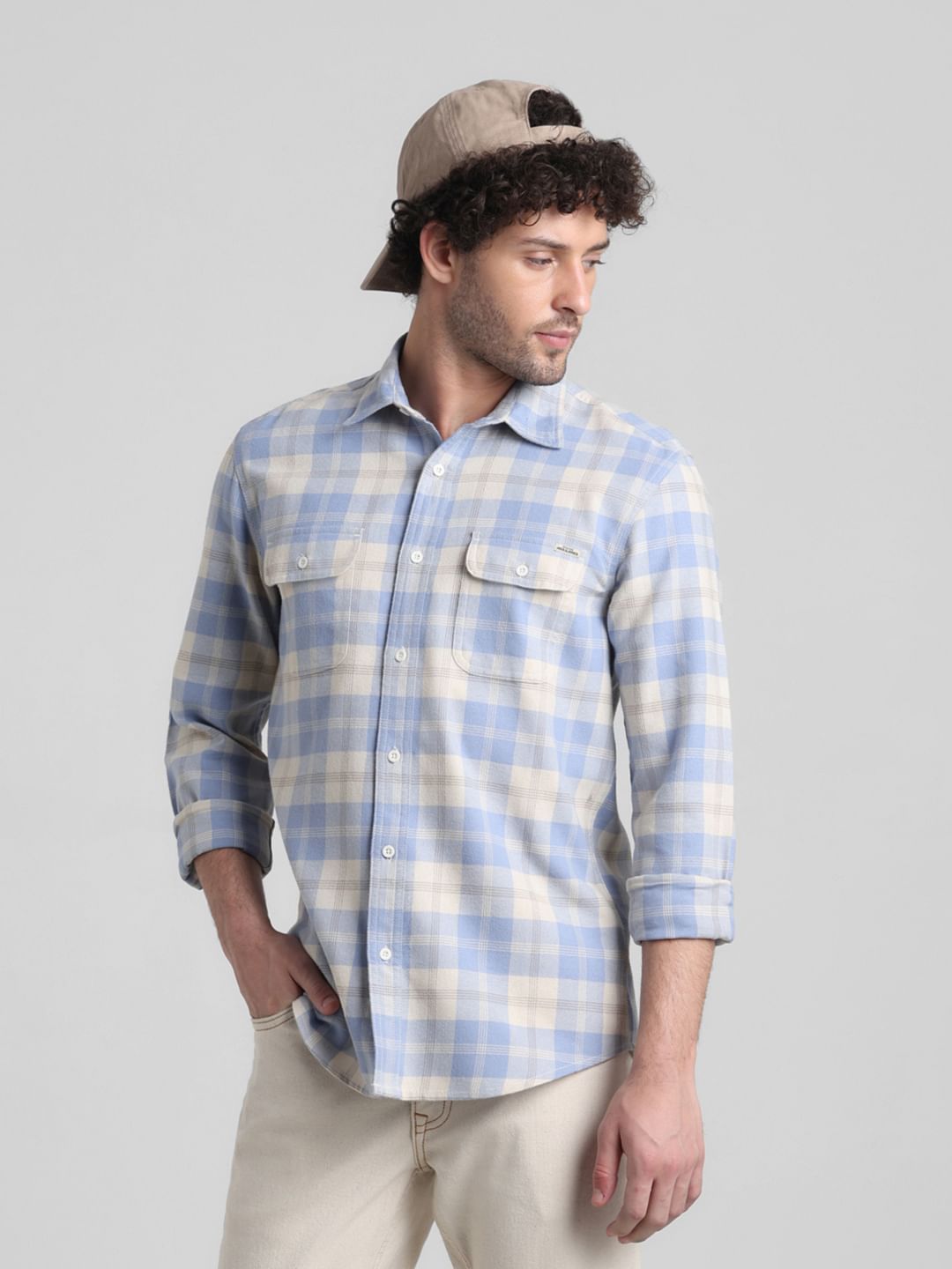 Light Blue Check Print Cotton Shirt