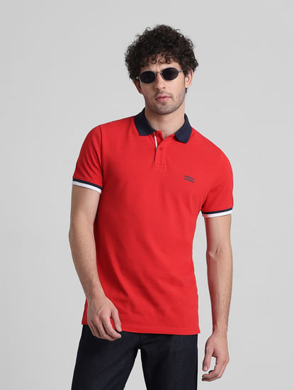 Red Contrast Tipping Cotton Polo