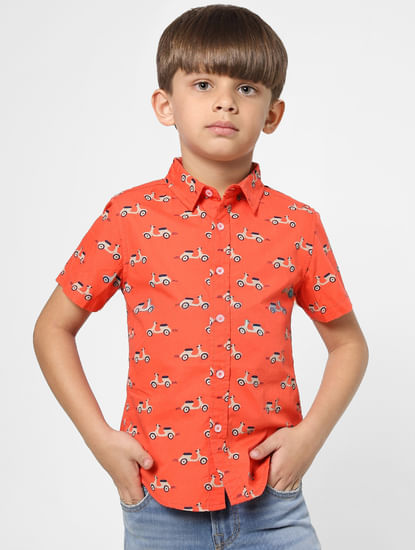 Boys Orange Scooter Print Half Sleeves Shirt