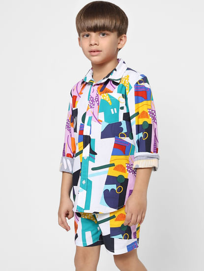 Boys White Abstract Print Co-ord Shirt