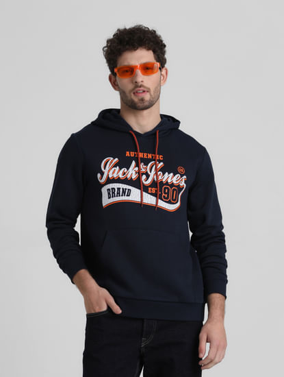 Navy Logo Print Hooded Sweatshirt