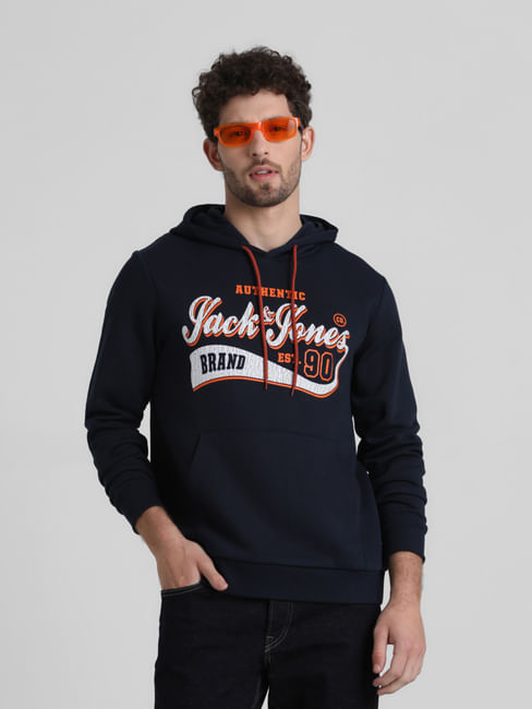 Navy Logo Print Hooded Sweatshirt