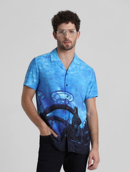 Blue Printed Short Sleeves Shirt