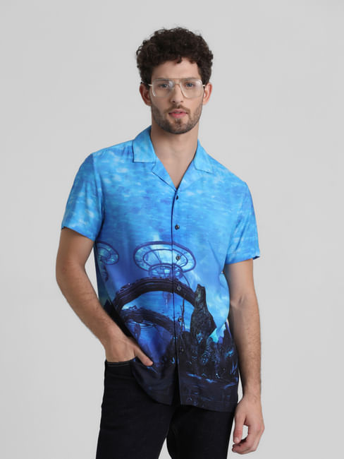 Blue Printed Short Sleeves Shirt