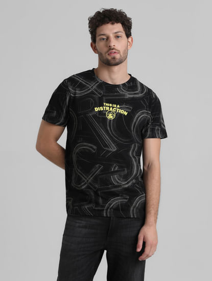 Black Text Print Crew Neck T-shirt
