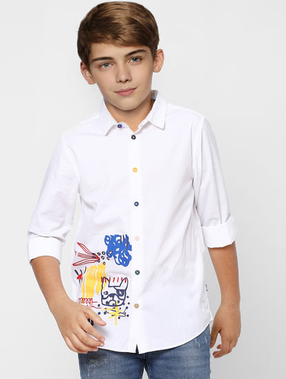 BOYS White Graphic Print Full Sleeves Shirt