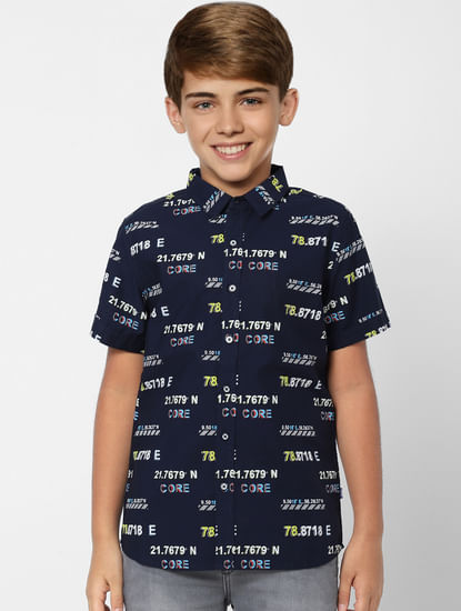 BOYS Dark Navy Blue Printed Half Sleeves Shirt