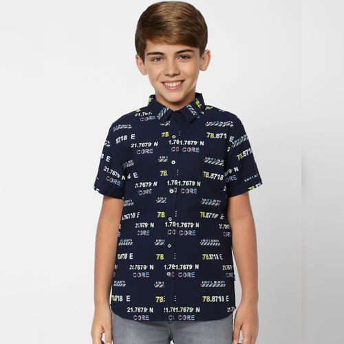 JACK&JONES BOYS Dark Navy Blue Printed Half Sleeves Shirt