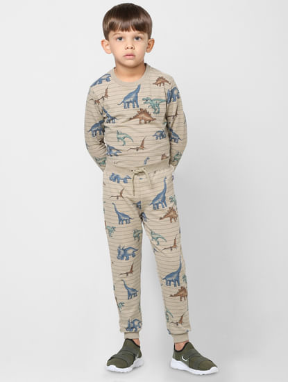 Boys Grey Striped Dinosaur Print Sweatpants