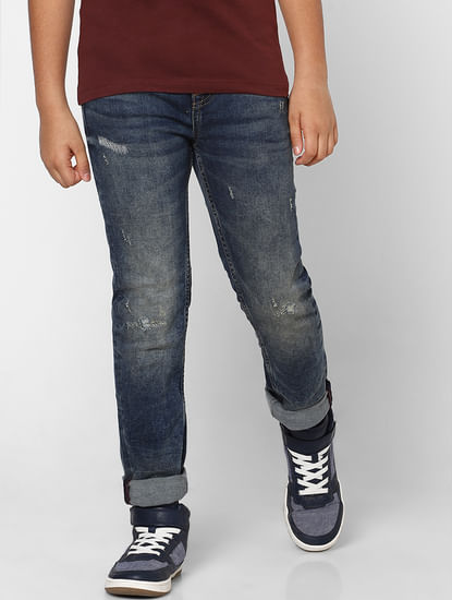 BOYS Blue Mid Rise Clark Straight Fit Ripped Jeans 