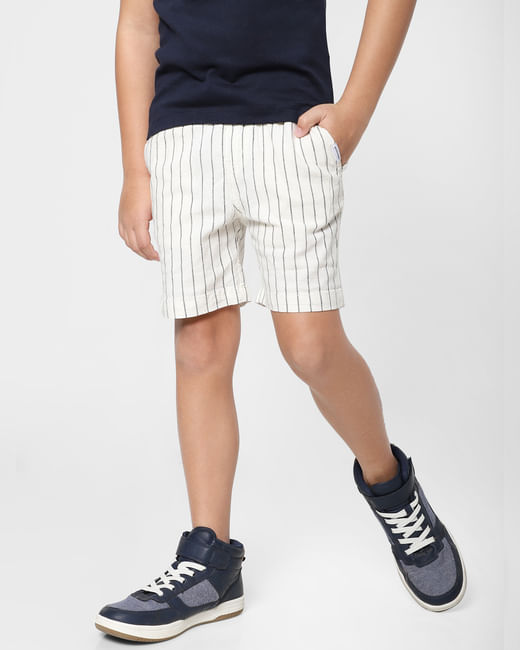Boys White Mid Rise Striped Shorts