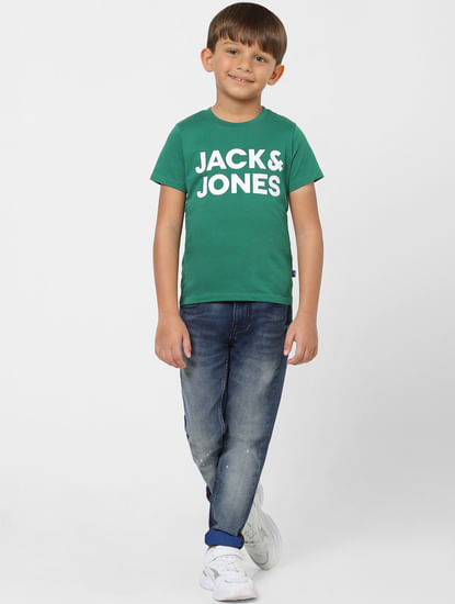 Boys Green Logo Print Crew Neck T-shirt