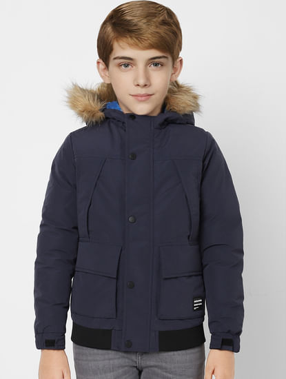 BOYS Blue Faux Fur Hooded Winter Jacket
