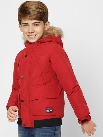 BOYS Red Faux Fur Hooded Winter Jacket