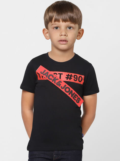 Boys Black Slogan Print Crew Neck T-shirt