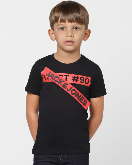 Boys Black Slogan Print Crew Neck T-shirt