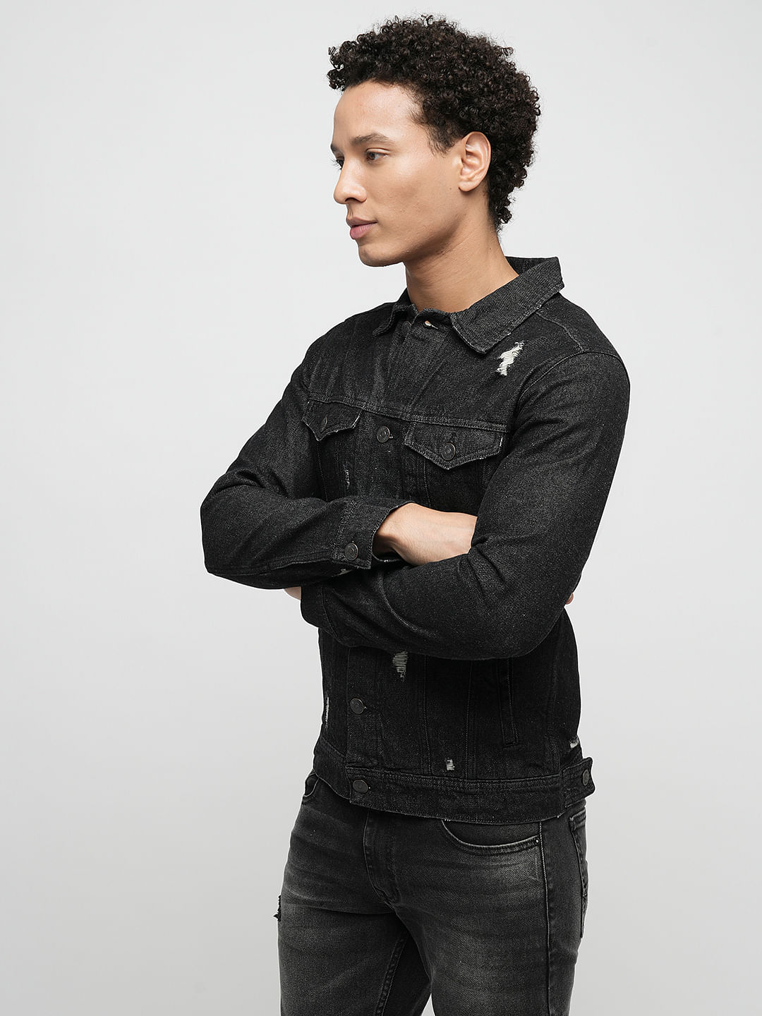 Black distressed jean top jacket mens