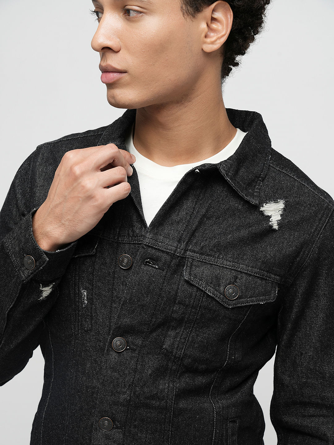 Distressed Black Lightweight Denim Jean Jacket for Men with Sherpa Lin –  MNCLeather